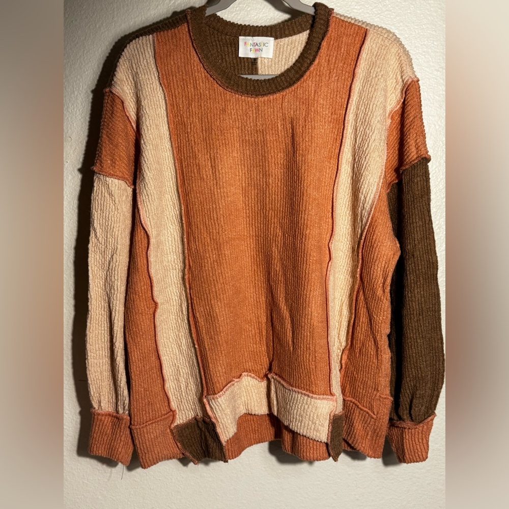 Fantastic Fawn Rust, Cream & Brown Colorblock Crewneck Sweater Size M NWOT